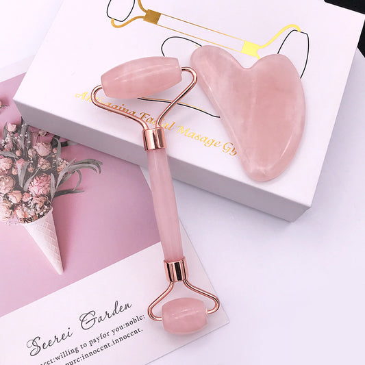Pink Crystal Facial Roller Set Jade Massager for Skincare and Body